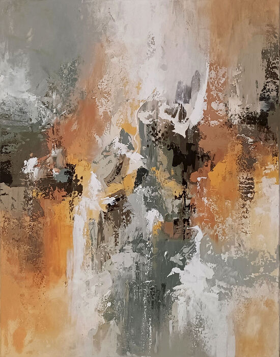 Pintura abstrata contemporânea Amálgama, em tons de terracota, ocre, bege, cinza, branco e preto. A composição apresenta camadas sobrepostas, texturas marcantes, pinceladas gestuais e contrastes entre cores quentes e neutras, criando profundidade e movimento visual.