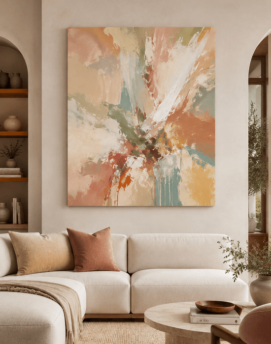 Arte abstrata Convergência Serena, em tons de terracota, rosa suave, verde-sálvia e bege, destacada na parede de uma sala de estar contemporânea com sofá claro, móveis em tons naturais e decoração acolhedora.