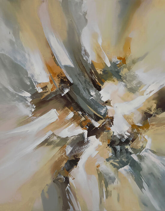 Pintura abstrata original Encontro, com composição vertical, pinceladas amplas e sobrepostas em tons de verde acinzentado, ocre, bege e branco, criando contrastes, profundidade e movimento.