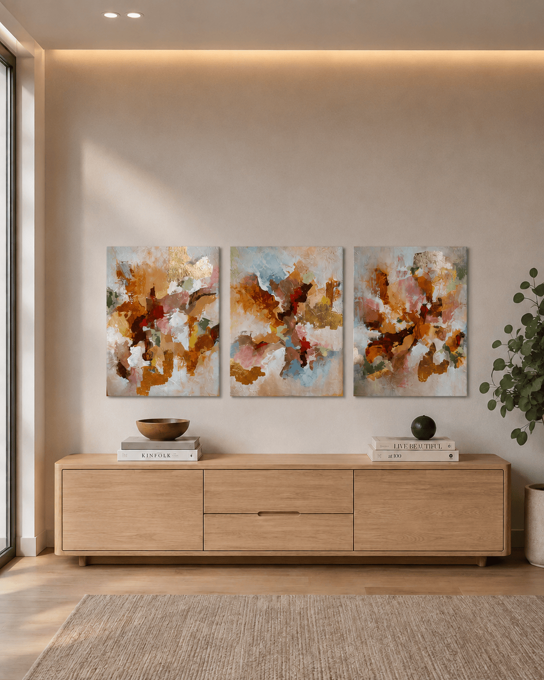 Ígnea 4 Tríptico de arte abstrata Ígnea, composto por três telas verticais em tons de terracota, laranja, rosa, azul e dourado, decorando a parede acima de um aparador de madeira clara em ambiente contemporâneo e minimalista.