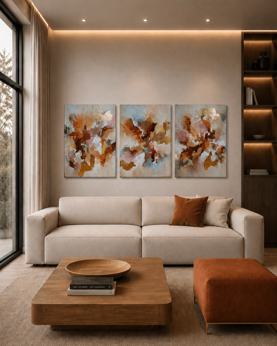 Ígnea 5 Tríptico abstrato Ígnea, com pinceladas vibrantes e detalhes dourados, decorando a parede acima de um sofá bege em uma sala moderna, com mesa de madeira, puff terracota e iluminação aconchegante.