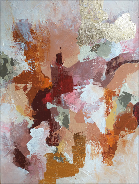 Ígnea a Detalhe da pintura abstrata Ígnea, destacando camadas de tinta, texturas em relevo e aplicações de folhas douradas, com contrastes entre terracota, vinho, rosa, branco e verde acinzentado.