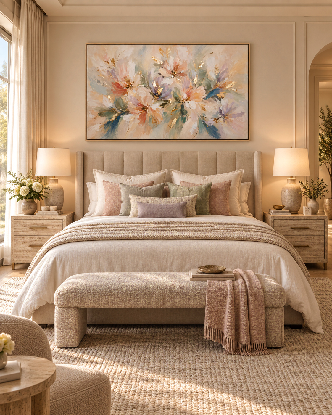 alvorada 2 Quadro floral abstrato Alvorada, com delicados detalhes dourados e moldura fina, decorando a parede acima da cabeceira de uma cama em um quarto contemporâneo, com tons de bege, rosa suave e verde-sálvia.