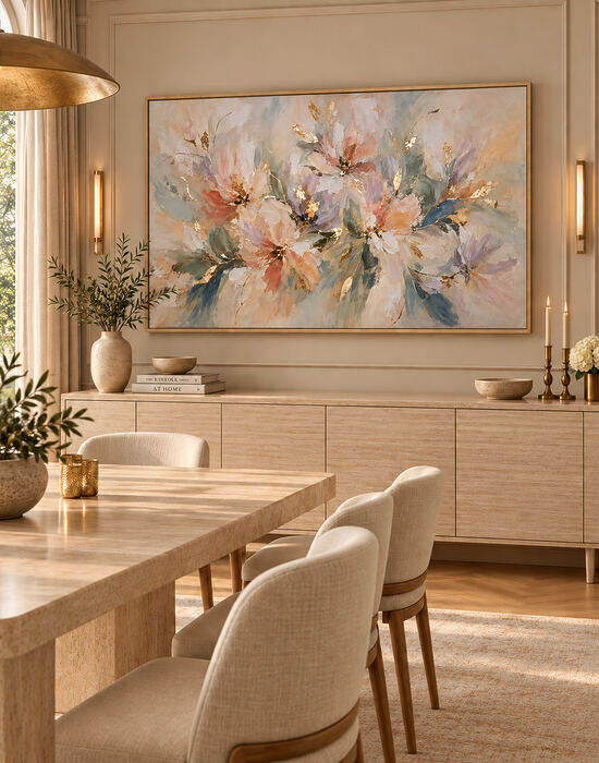 Quadro de arte floral abstrata Alvorada, com pinceladas suaves em tons de rosa, azul e lavanda, detalhes dourados e moldura fina, decorando uma sala de jantar contemporânea com móveis claros e iluminação acolhedora.