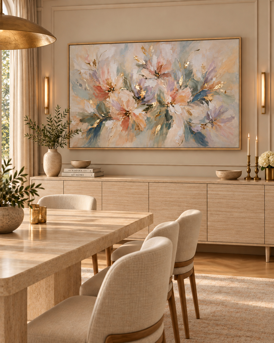 alvorada 4 Quadro de arte floral abstrata Alvorada, com pinceladas suaves em tons de rosa, azul e lavanda, detalhes dourados e moldura fina, decorando uma sala de jantar contemporânea com móveis claros e iluminação acolhedora.